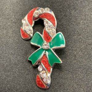 Danecraft Candy Cane Brooch Red Sparkly Enamel Green Silver Tone Vintage